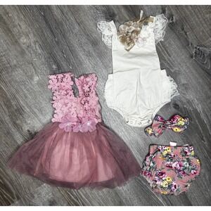 Baby Girl Lace Ruffle Tulle Romper Outfits Bow Pink Cream 6-9 Month Boho Picture